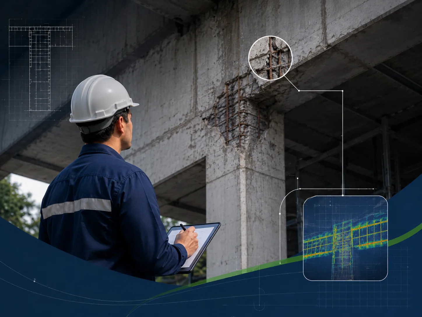 Inspeção estrutural em elemento de concreto